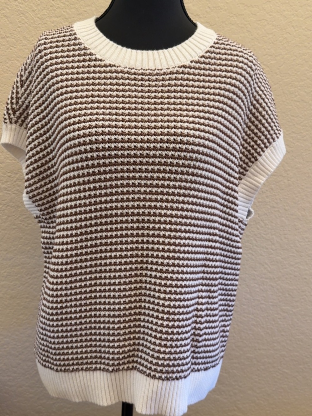 Striped Knit Cap Sleeve Sweater in White and Brown